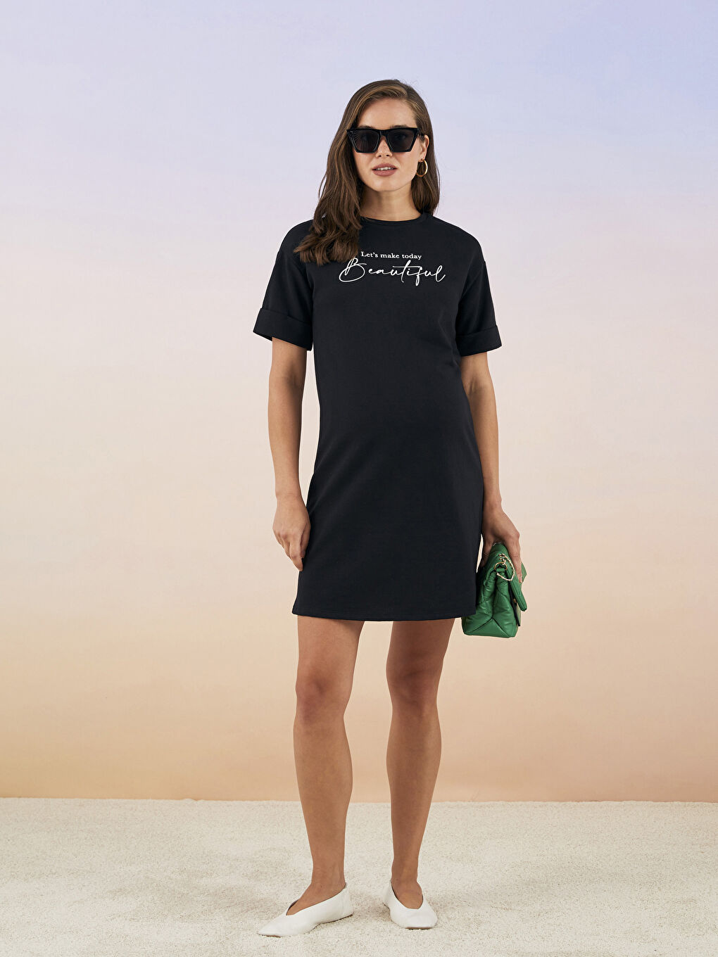 Siyah Bisiklet Yaka Baskılı Kısa Kollu Hamile Elbise-1