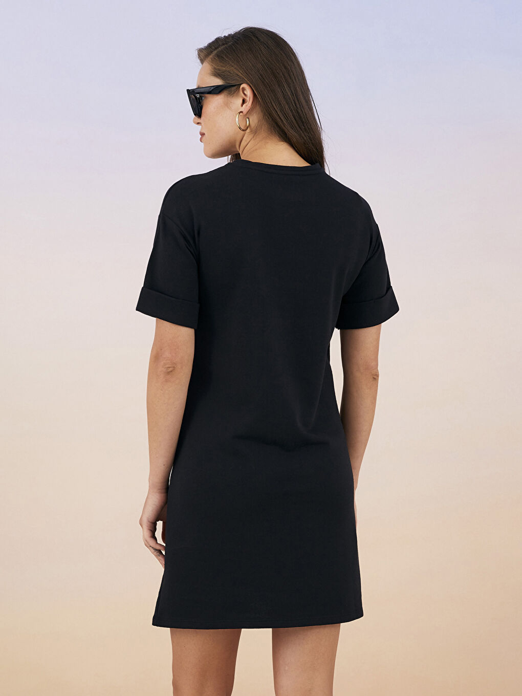 Siyah Bisiklet Yaka Baskılı Kısa Kollu Hamile Elbise-4