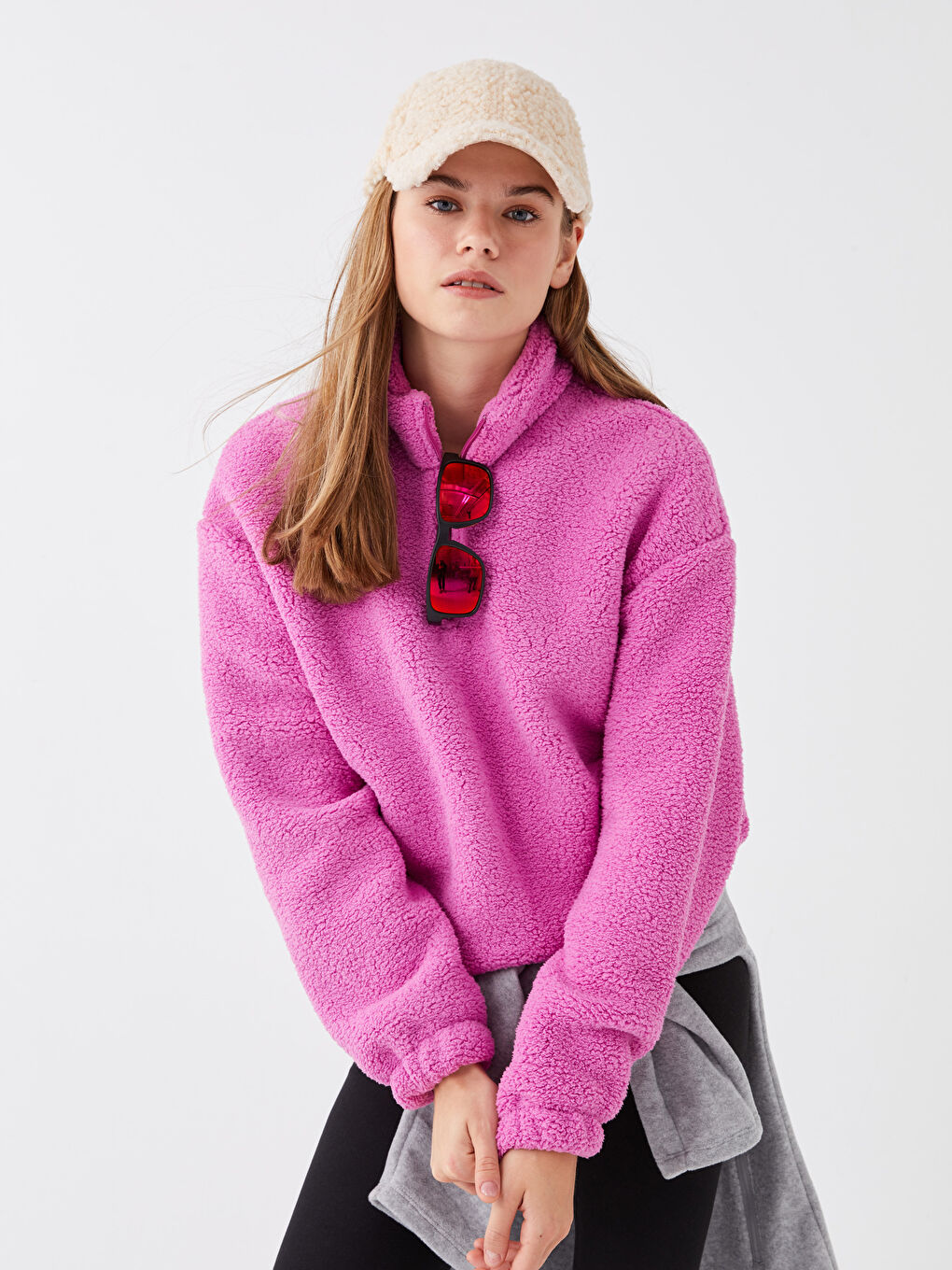 Pembe Dik Yaka Uzun Kollu Kadın Polar Sweatshirt