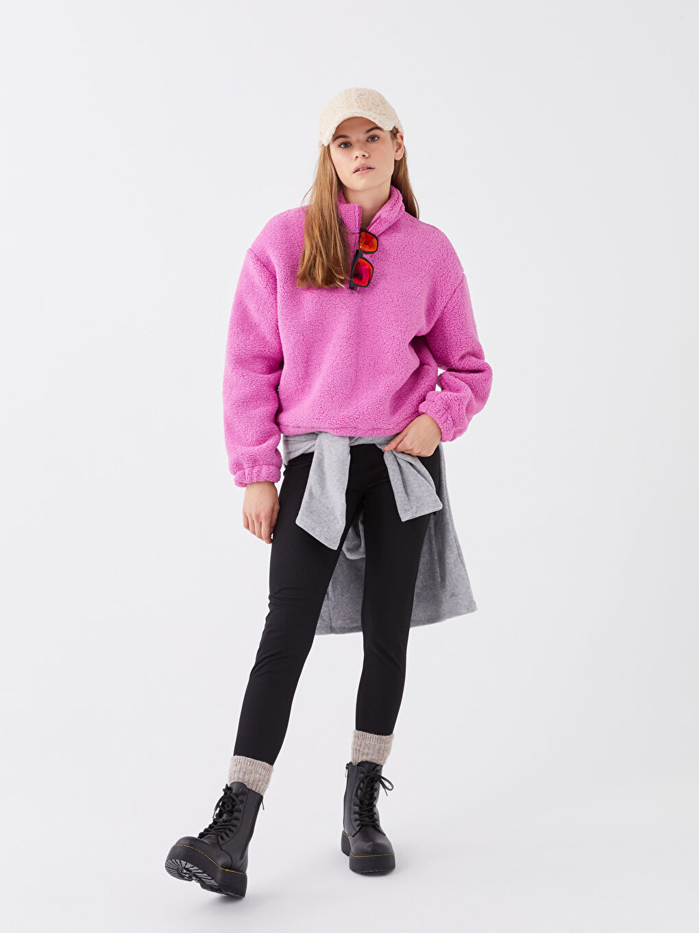 Pembe Dik Yaka Uzun Kollu Kadın Polar Sweatshirt-2