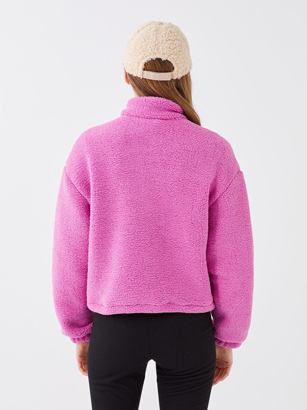 Pembe Dik Yaka Uzun Kollu Kadın Polar Sweatshirt-4
