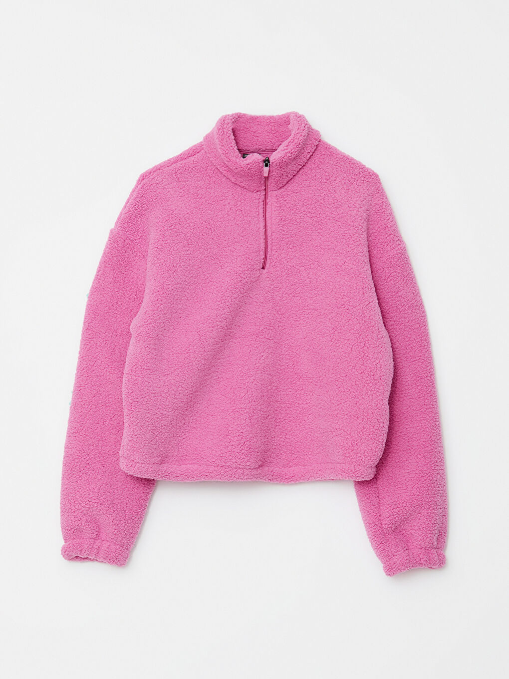 Pembe Dik Yaka Uzun Kollu Kadın Polar Sweatshirt-6