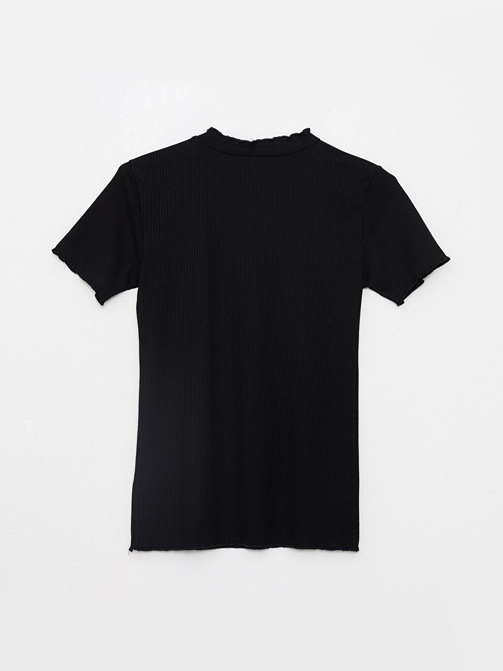 Siyah Fırfırlı Bisiklet Yaka Düz Kısa Kollu Kadın Tişört-6