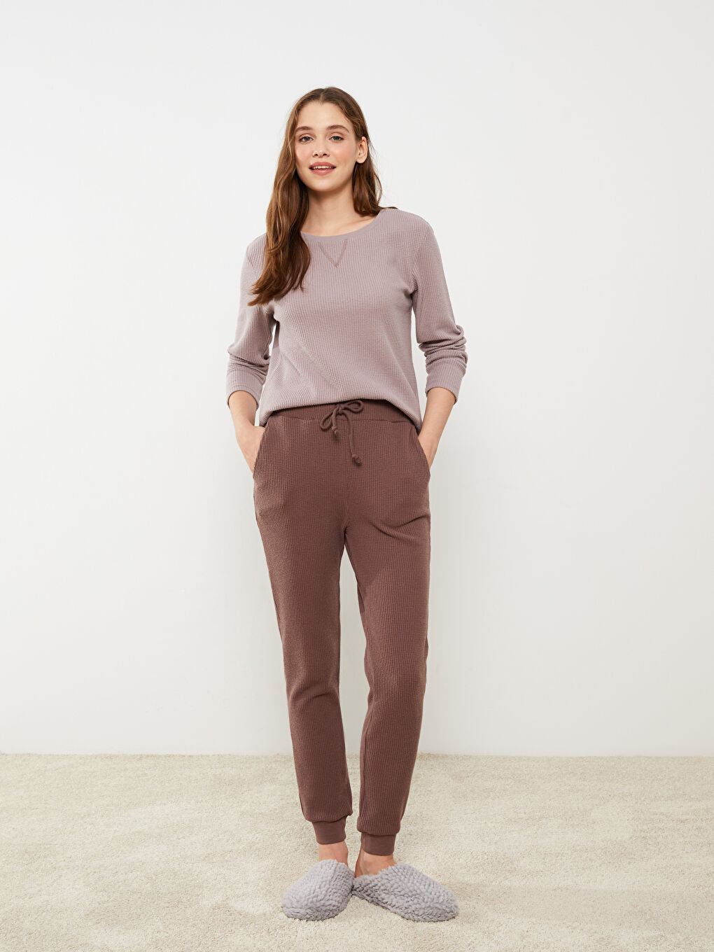 Mürdüm Bisiklet Yaka Düz Uzun Kollu Kadın Pijama Takımı-1