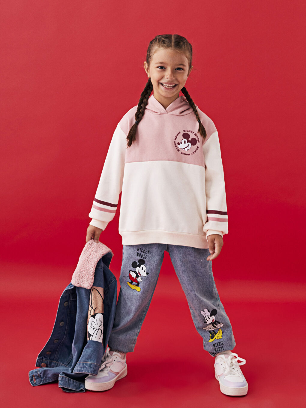Pembe Kapüşonlu Mickey Mouse Baskılı Uzun Kollu Kız Çocuk Sweatshirt