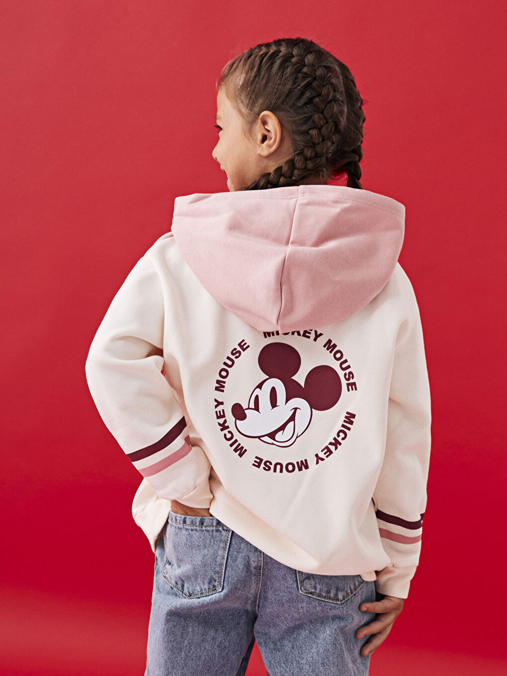 Pembe Kapüşonlu Mickey Mouse Baskılı Uzun Kollu Kız Çocuk Sweatshirt-1
