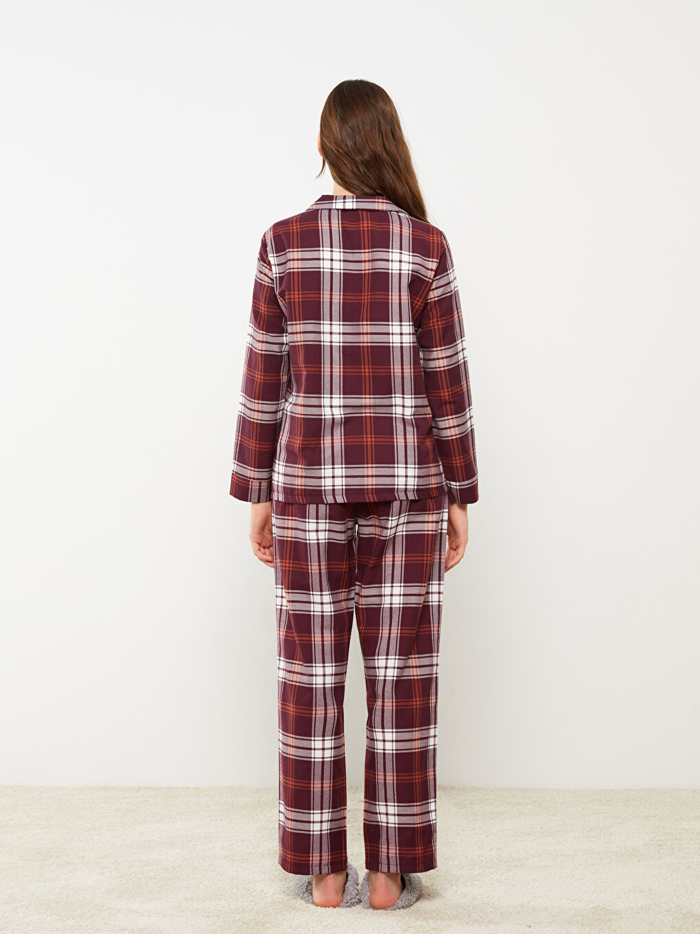 Set de pijama cu guler de cămașă în carouri pentru femei-4