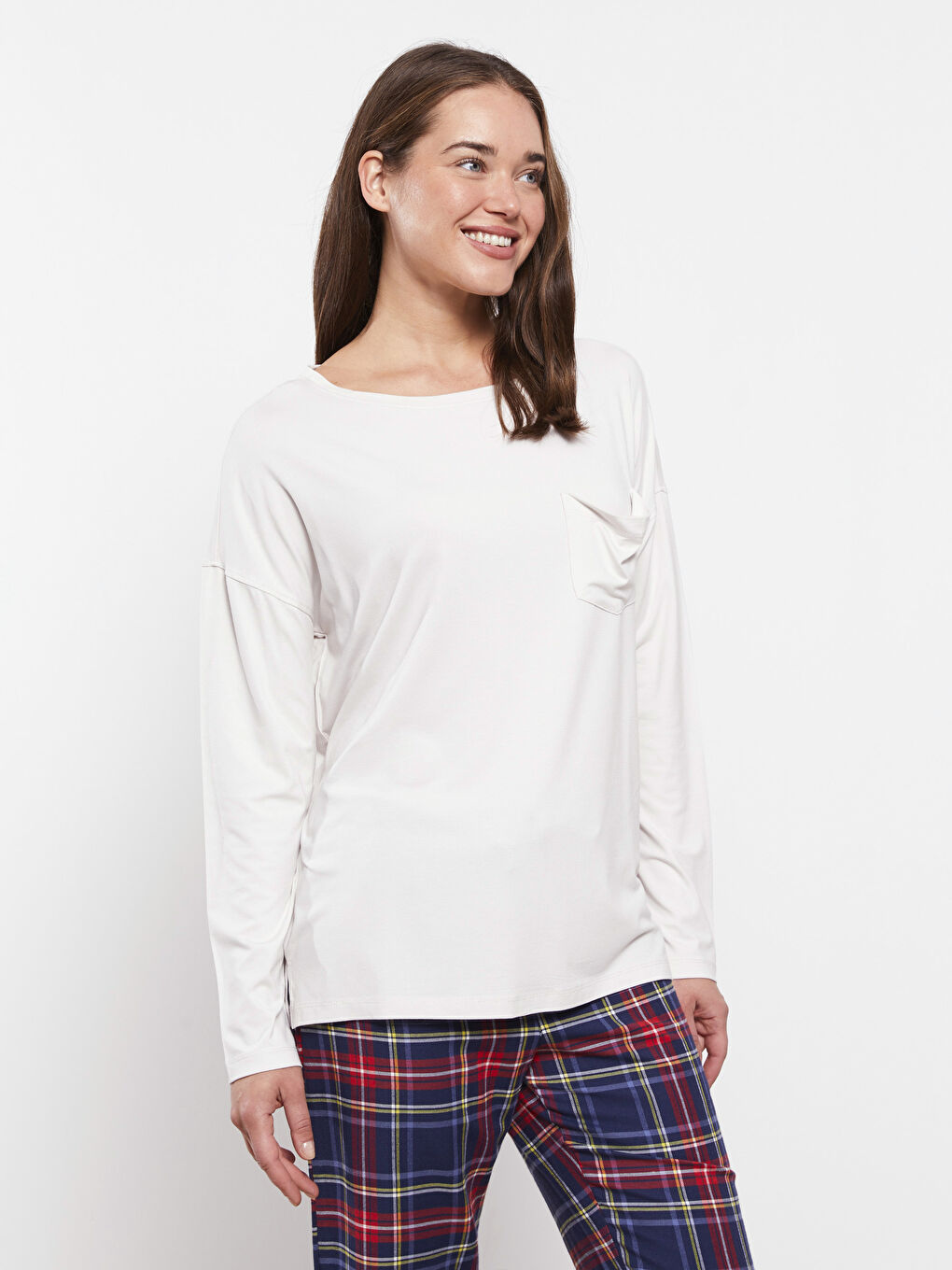 Gri Bisiklet Yaka Düz Uzun Kollu Kadın Pijama Üst