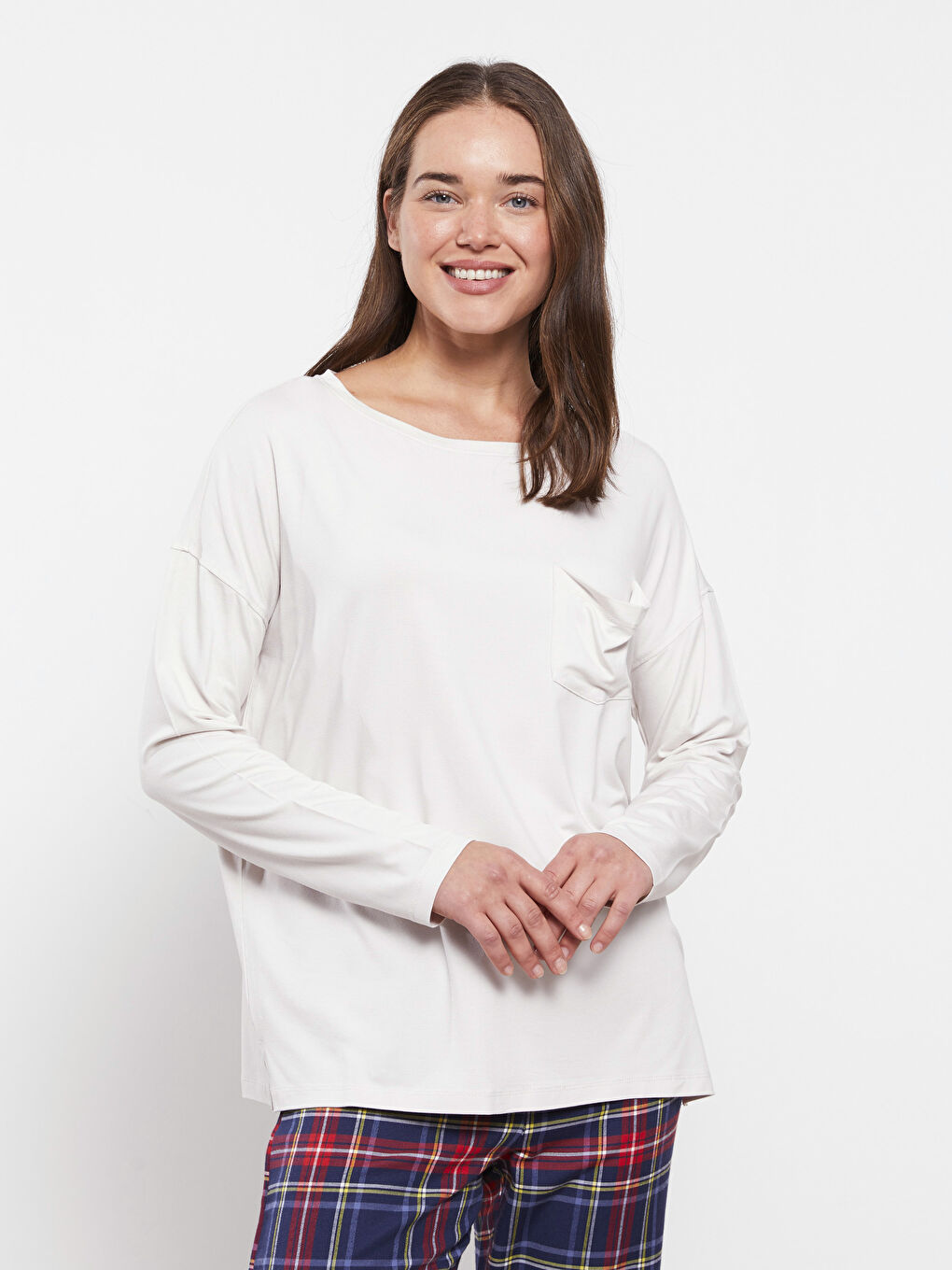 Gri Bisiklet Yaka Düz Uzun Kollu Kadın Pijama Üst-1