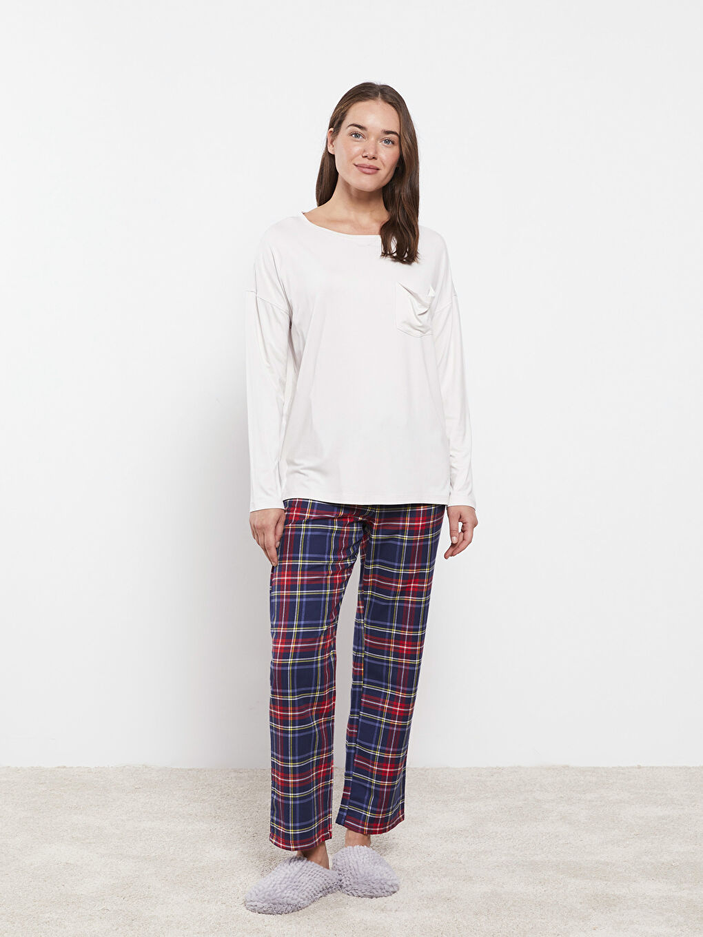 Gri Bisiklet Yaka Düz Uzun Kollu Kadın Pijama Üst-2