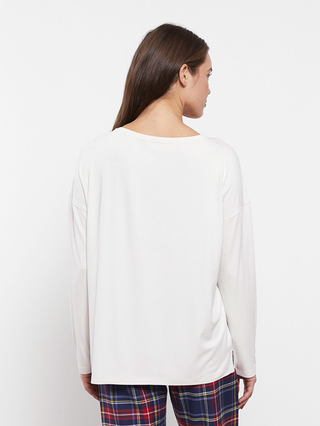 Gri Bisiklet Yaka Düz Uzun Kollu Kadın Pijama Üst-4