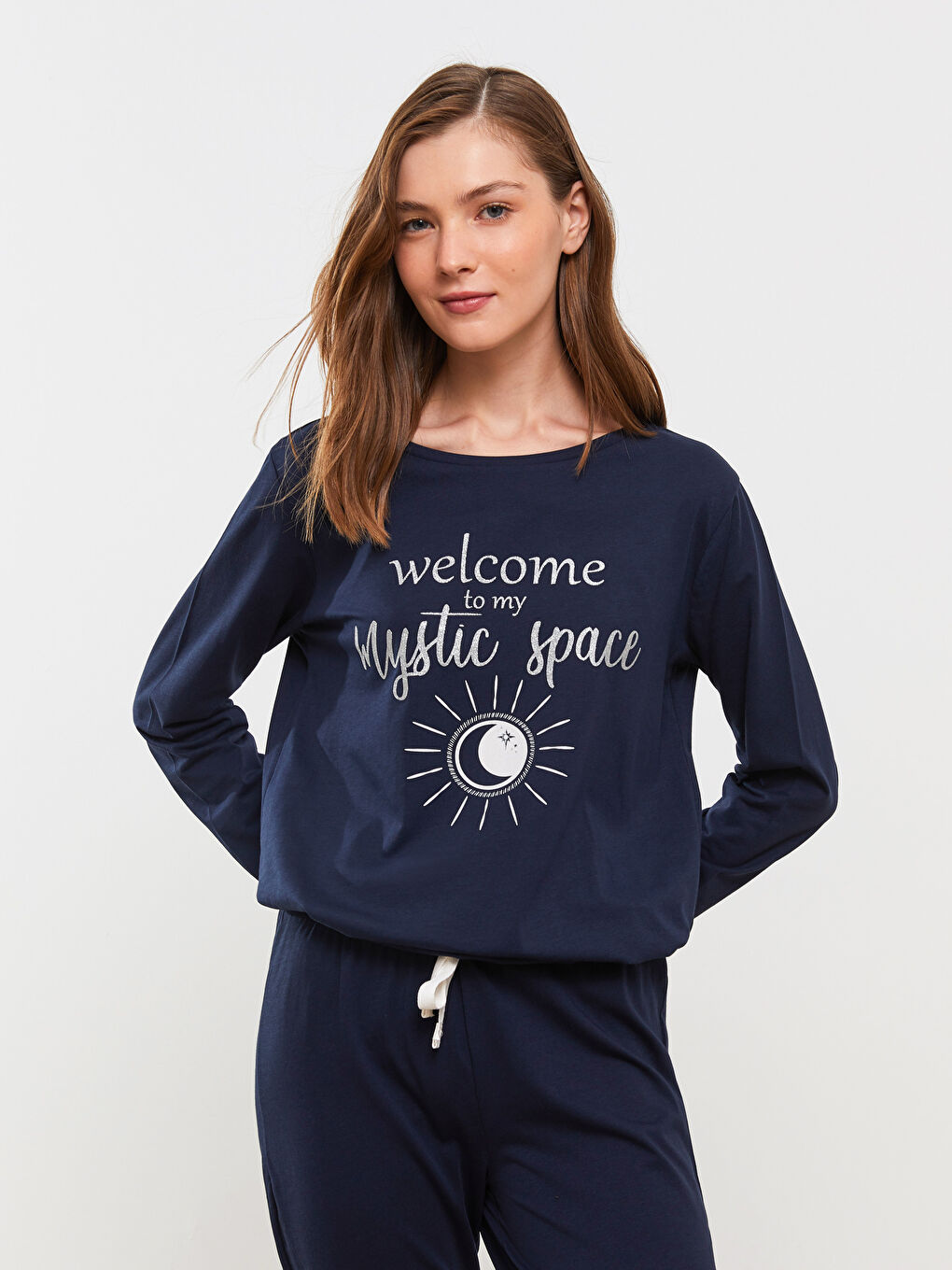 Lacivert Bisiklet Yaka Baskılı Uzun Kollu Kadın Pijama Takımı-2