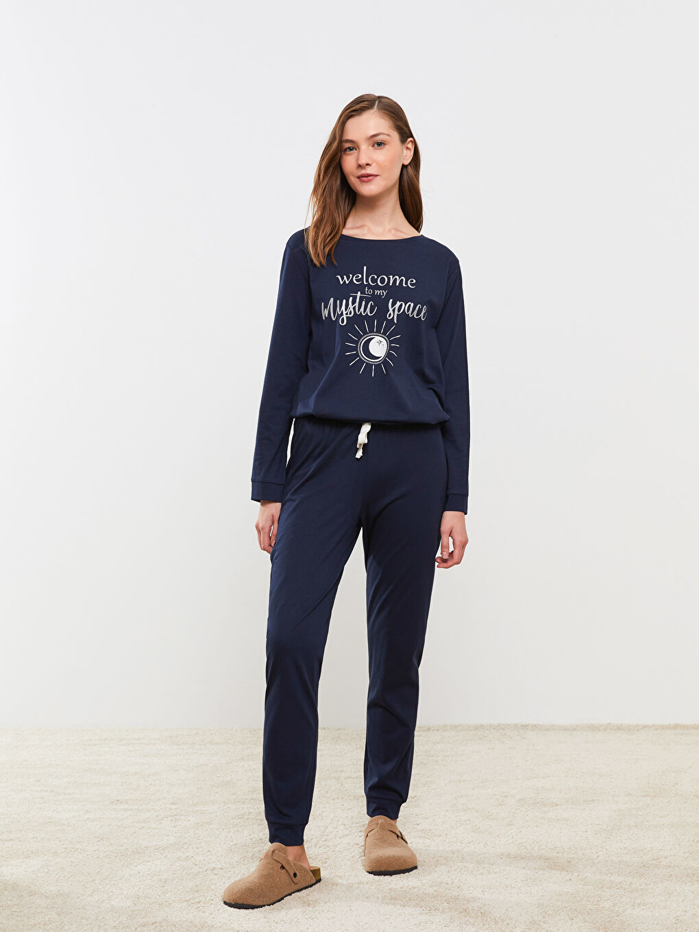 Lacivert Bisiklet Yaka Baskılı Uzun Kollu Kadın Pijama Takımı-3