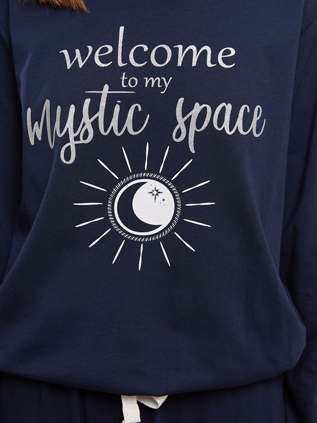 Lacivert Bisiklet Yaka Baskılı Uzun Kollu Kadın Pijama Takımı-4