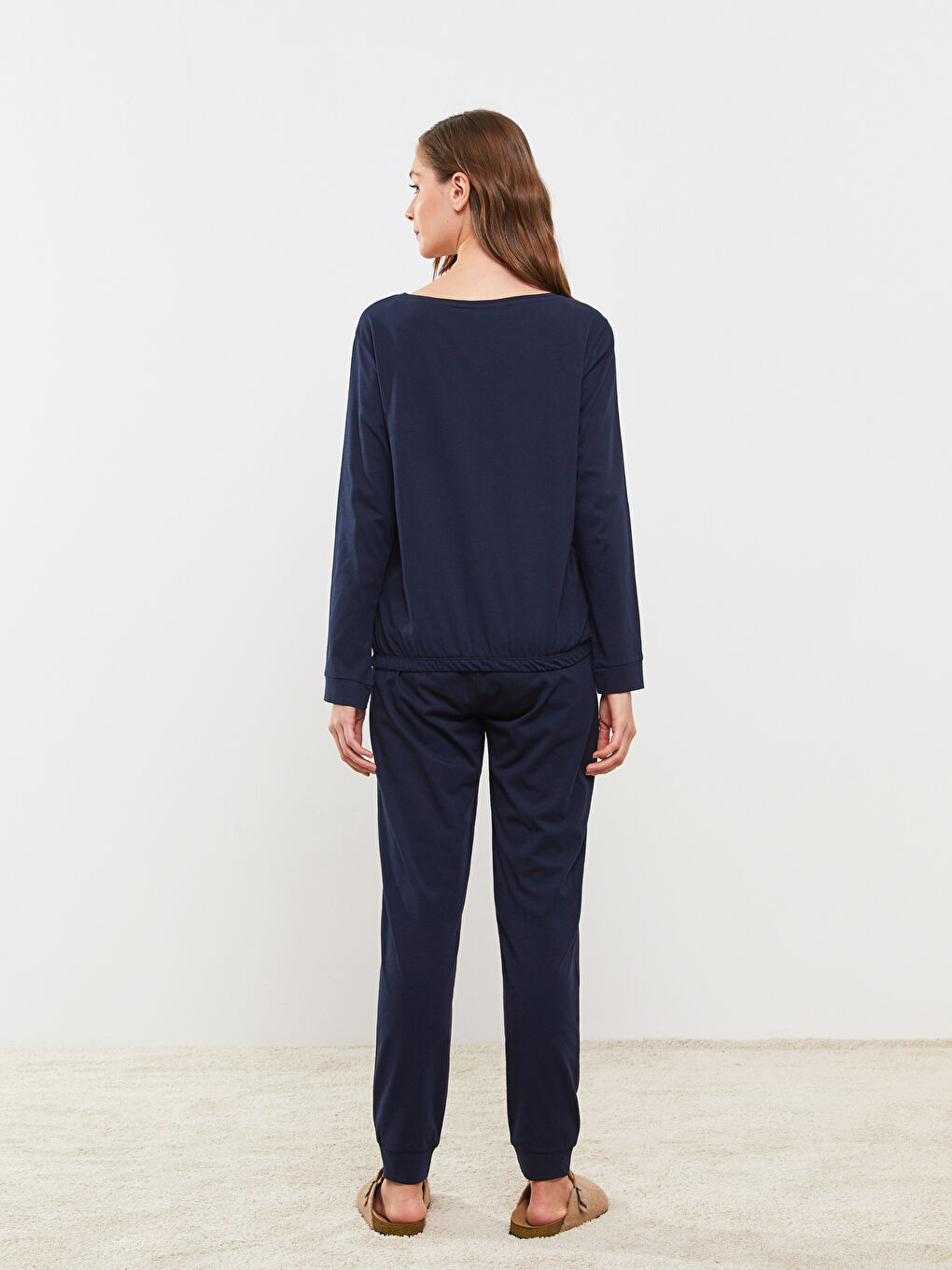 Lacivert Bisiklet Yaka Baskılı Uzun Kollu Kadın Pijama Takımı-5