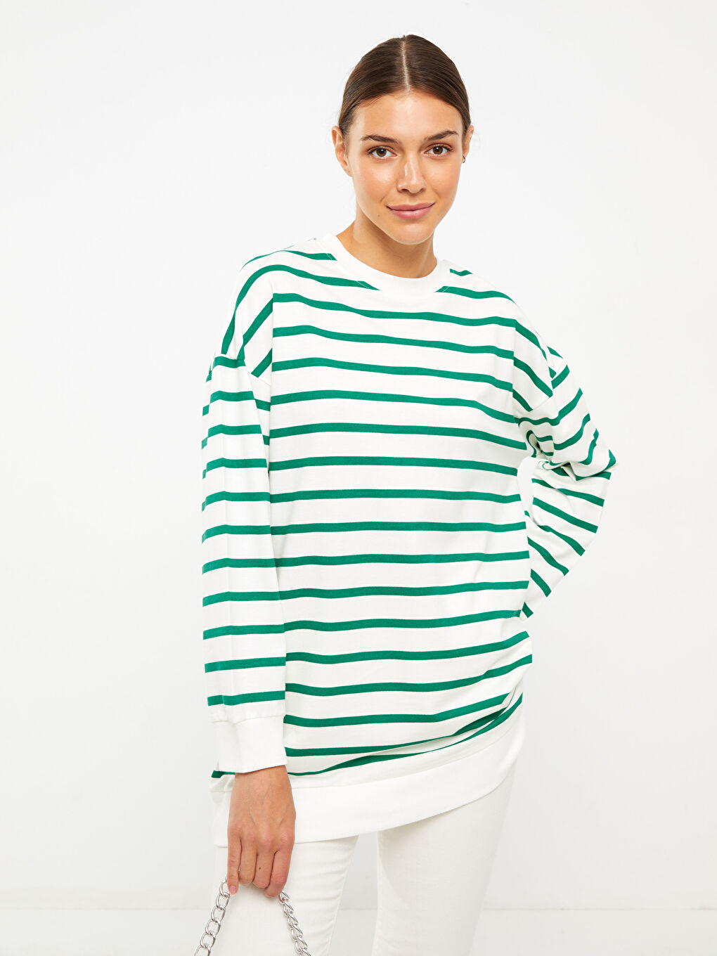 Yeşil Çizgili Oversize Kadın Sweatshirt Tunik