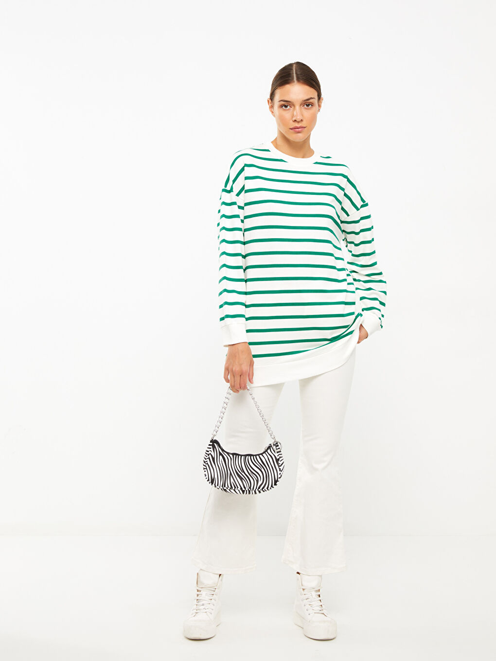 Yeşil Çizgili Oversize Kadın Sweatshirt Tunik-2