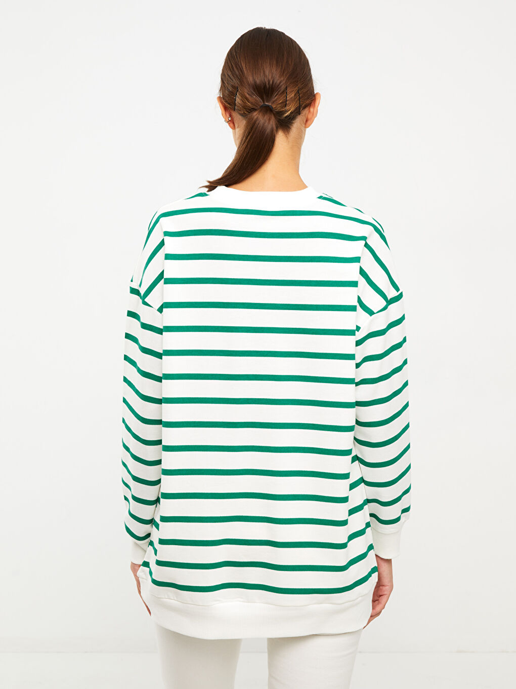 Yeşil Çizgili Oversize Kadın Sweatshirt Tunik-4