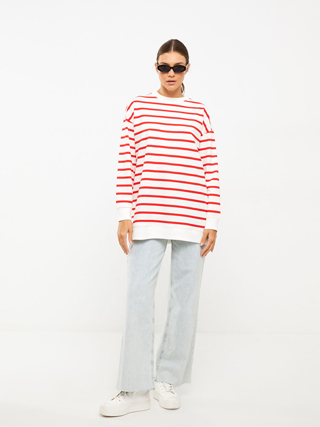 Kırmızı Çizgili Oversize Kadın Sweatshirt Tunik