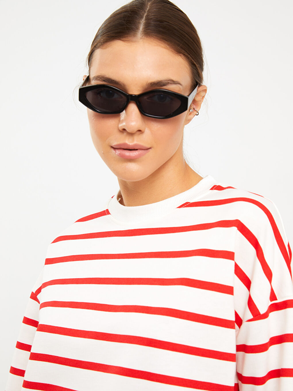 Kırmızı Çizgili Oversize Kadın Sweatshirt Tunik-1