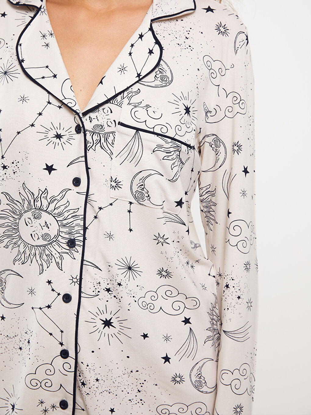 Ekru Gömlek Yaka Desenli Kadın Pijama Takımı-4