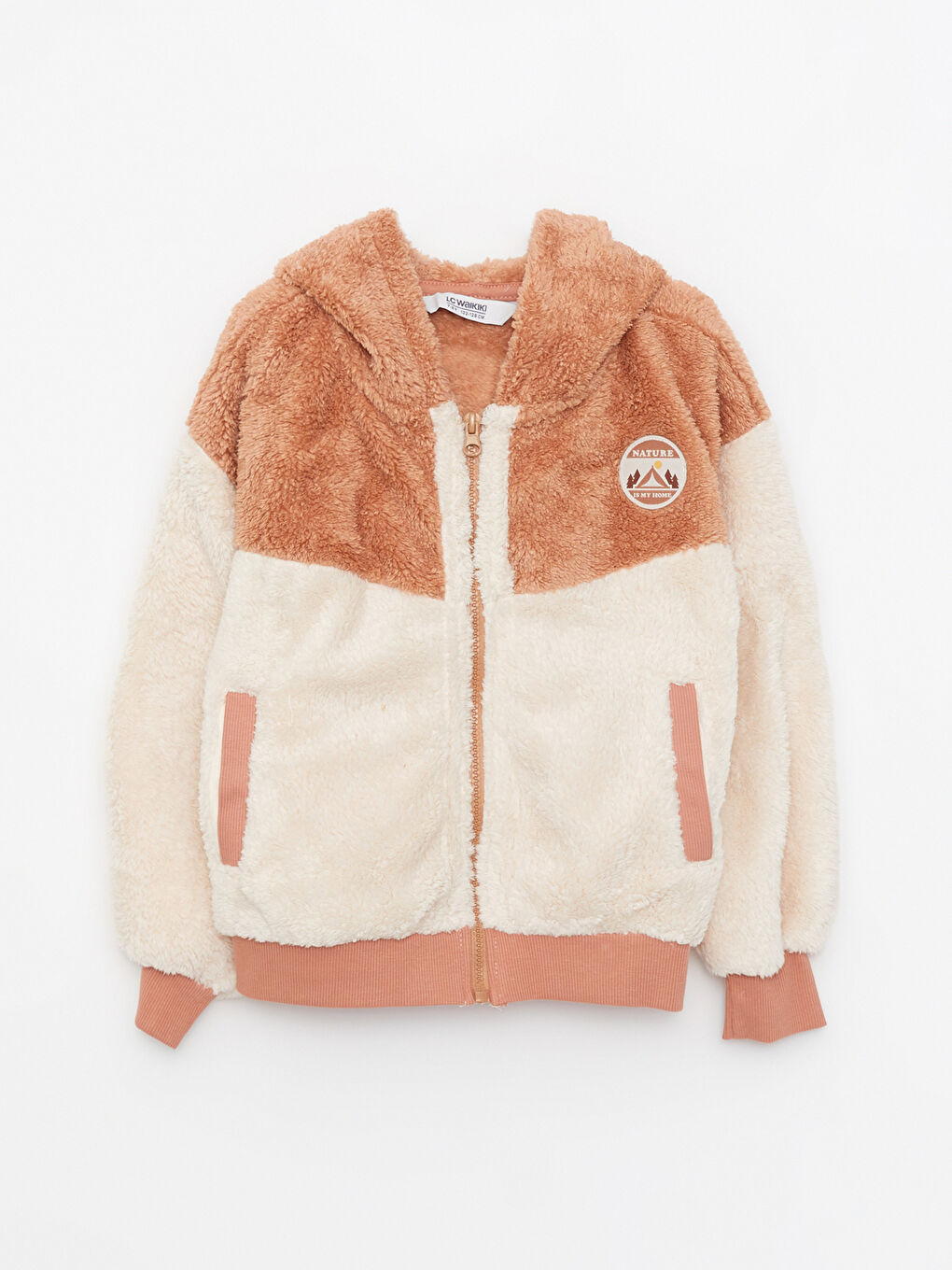 Hooded Color Block Long Sleeve Plush Girls Zippered Sweatshirt