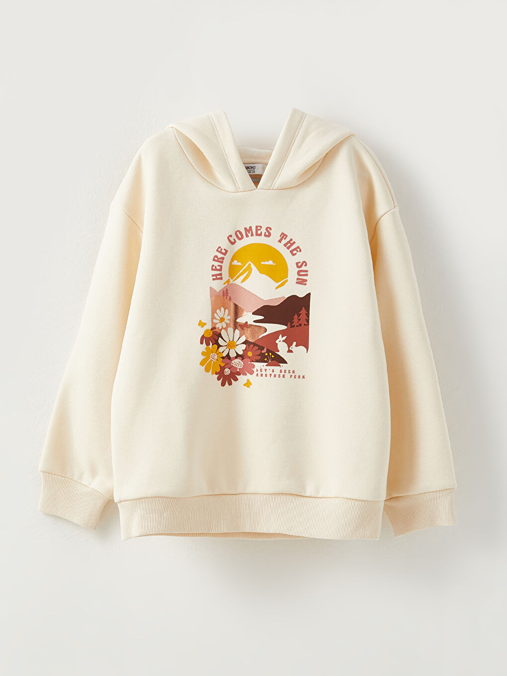 Bej Kapüşonlu Baskılı Uzun Kollu Kız Çocuk Sweatshirt-2