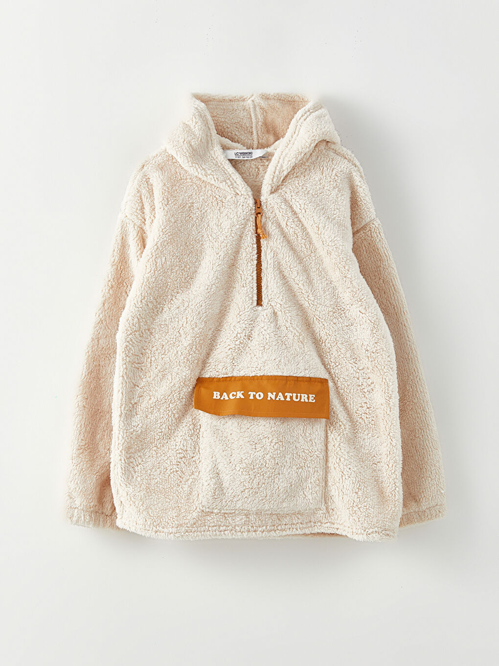 Bej Kapüşonlu Baskılı Uzun Kollu Pelüş Kız Çocuk Sweatshirt