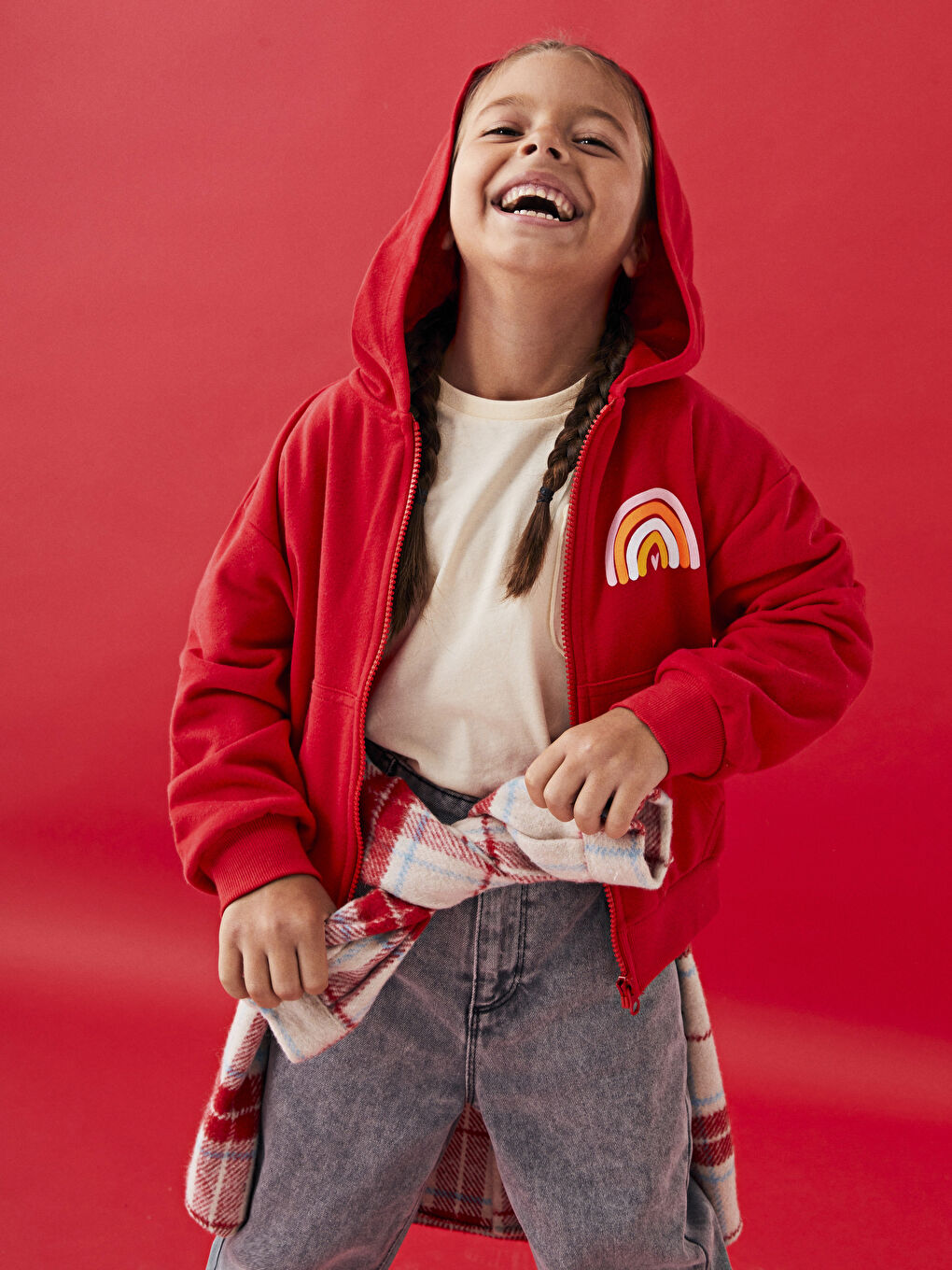 Kırmızı Kapüşonlu Baskılı Uzun Kollu Kız Çocuk Fermuarlı Sweatshirt-1