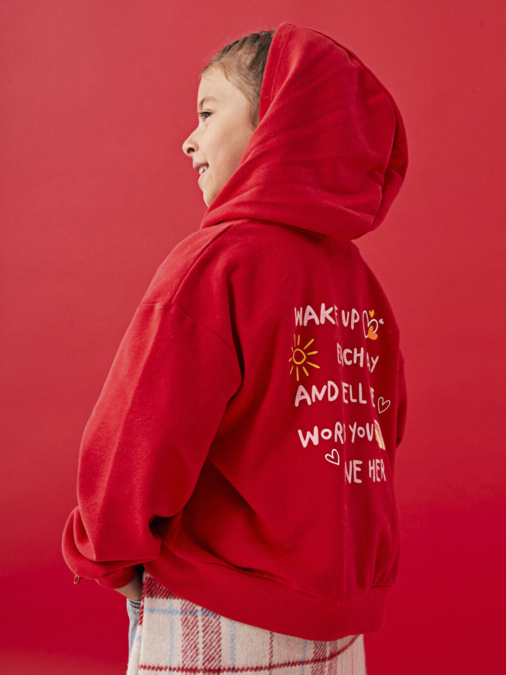 Kırmızı Kapüşonlu Baskılı Uzun Kollu Kız Çocuk Fermuarlı Sweatshirt-3