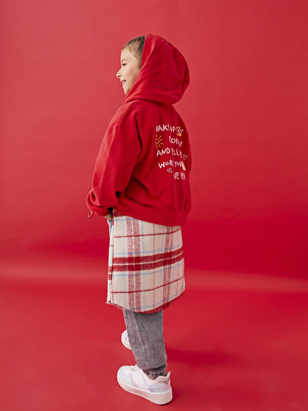 Kırmızı Kapüşonlu Baskılı Uzun Kollu Kız Çocuk Fermuarlı Sweatshirt-2