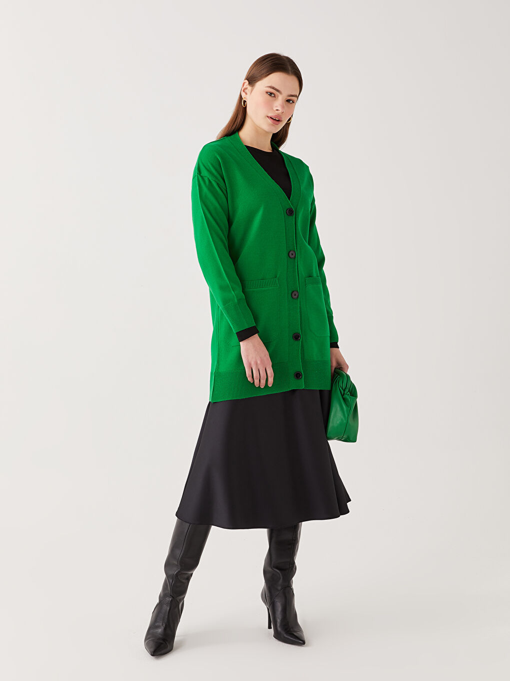 Yeşil V Yaka Kadın Triko Hırka