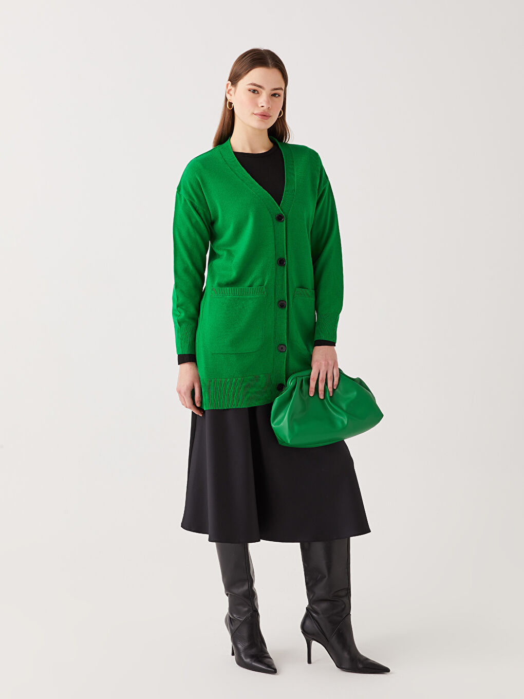 Yeşil V Yaka Kadın Triko Hırka-1