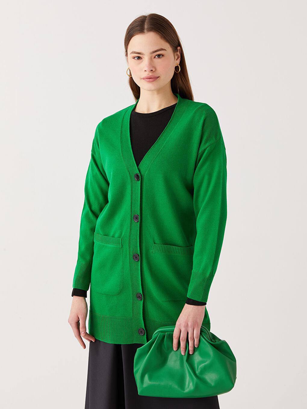 Yeşil V Yaka Kadın Triko Hırka-2