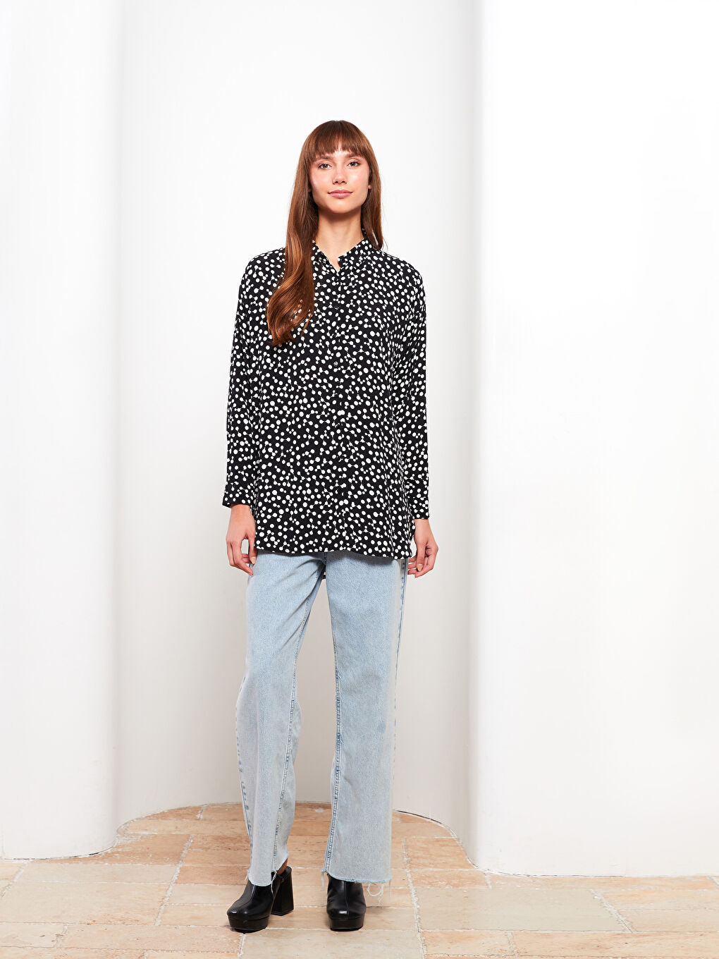 Siyah Desenli Uzun Kollu Viskon Kadın Gömlek