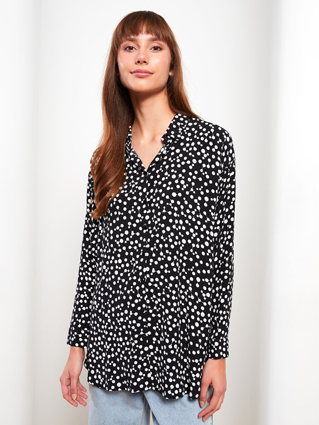 Siyah Desenli Uzun Kollu Viskon Kadın Gömlek-1