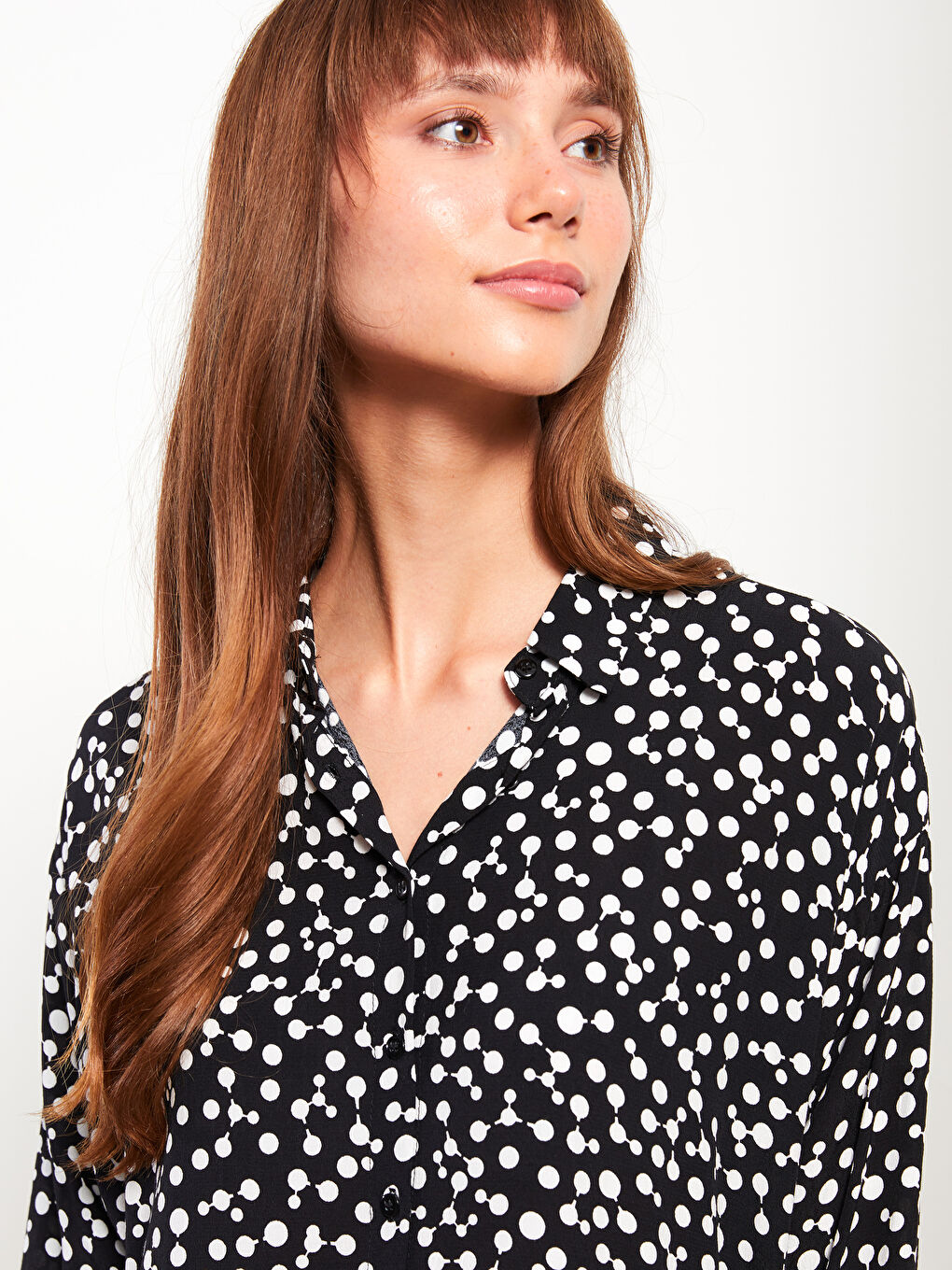 Siyah Desenli Uzun Kollu Viskon Kadın Gömlek-2