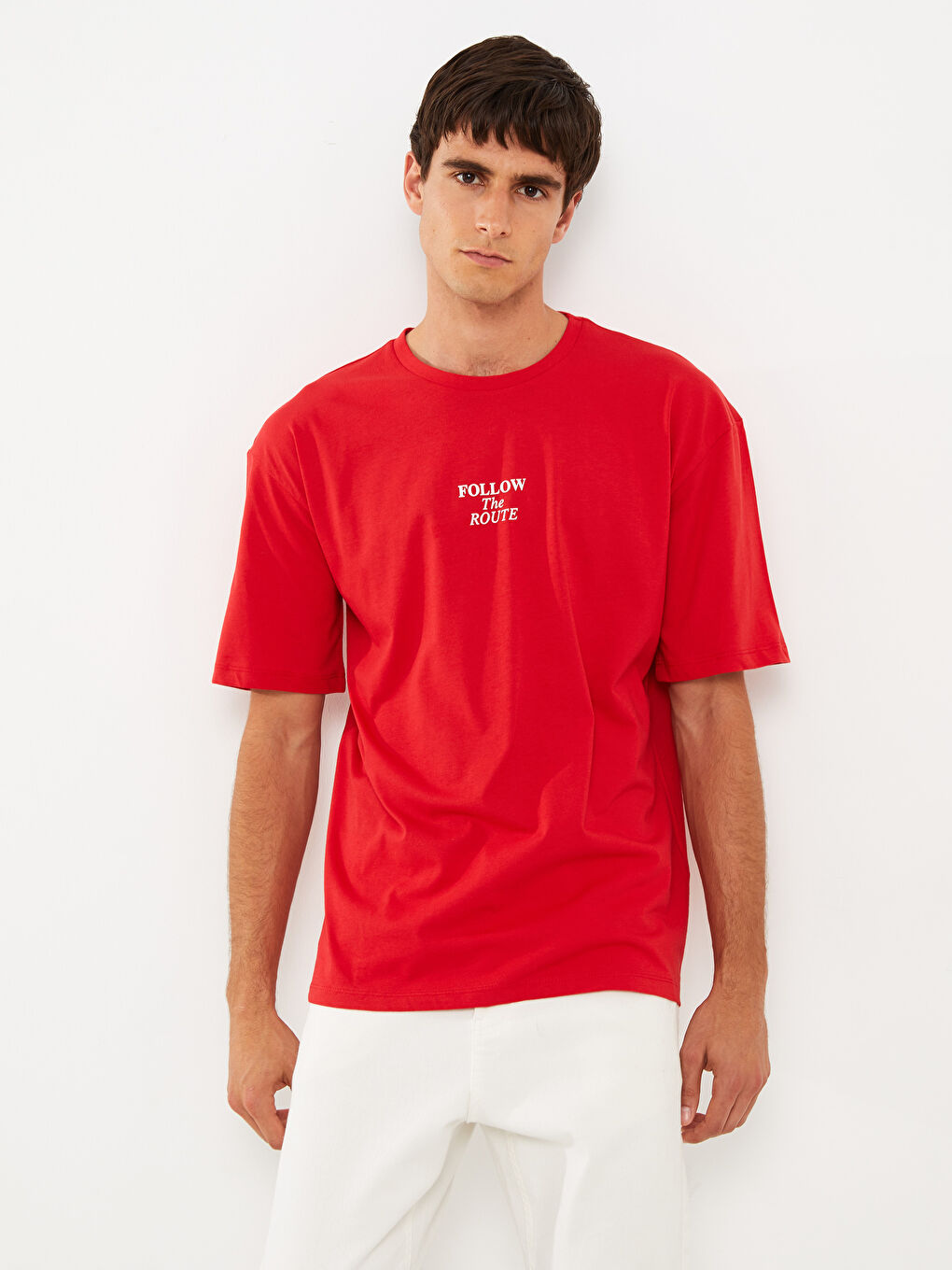 Kırmızı Bisiklet Yaka Kısa Kollu Baskılı Penye Erkek Tişört-1