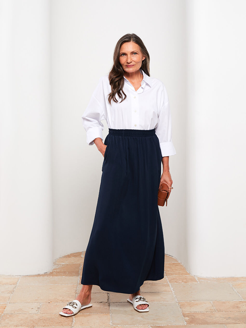 جيبة سادة بقصة A-Line بخصر مرن للسيدات-1