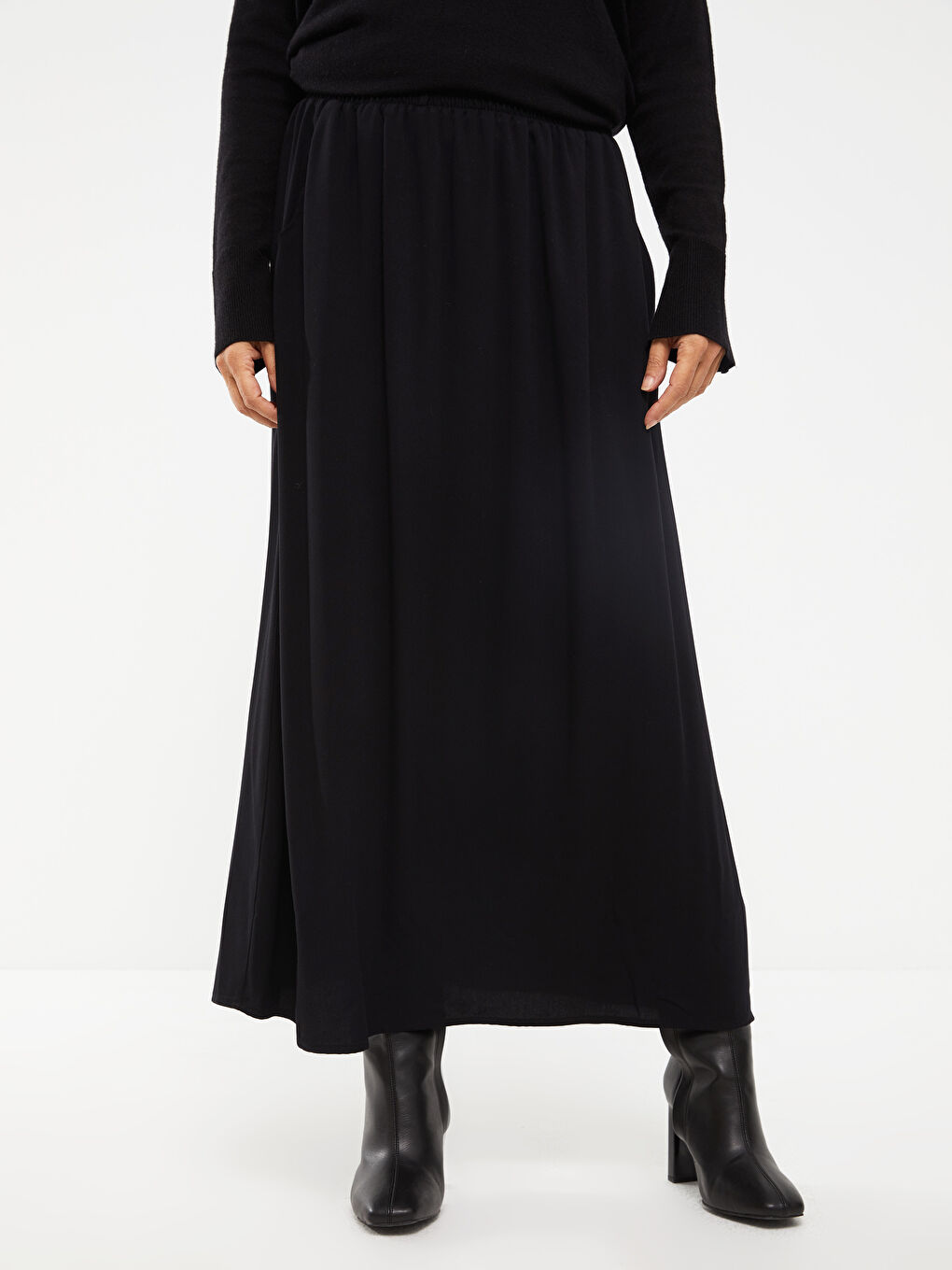 جيبة سادة بقصة A-Line بخصر مرن للسيدات-2