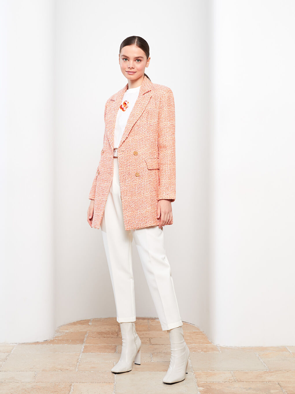 Self-Patterned Long Sleeve Tweed Women's Blazer Jacket