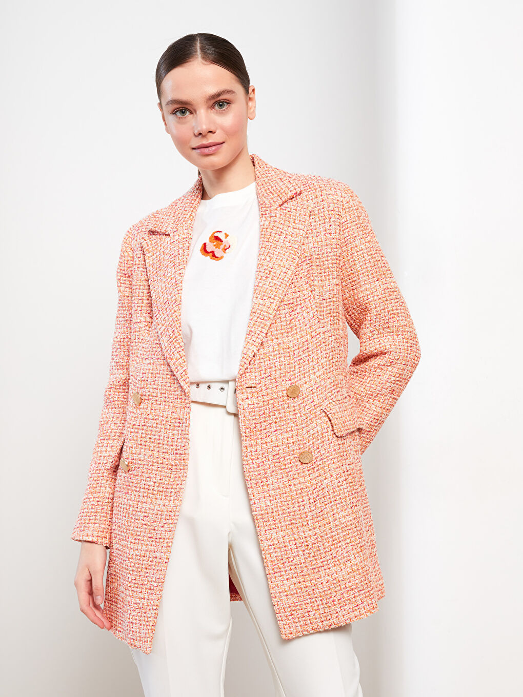 Self-Patterned Long Sleeve Tweed Women's Blazer Jacket-1