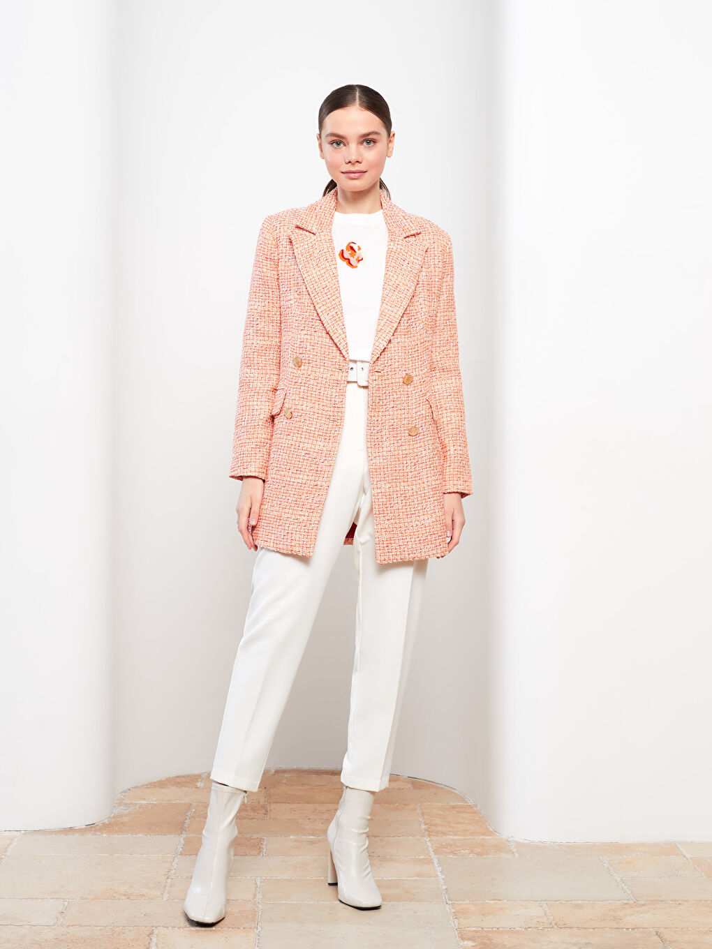 Self-Patterned Long Sleeve Tweed Women's Blazer Jacket-2