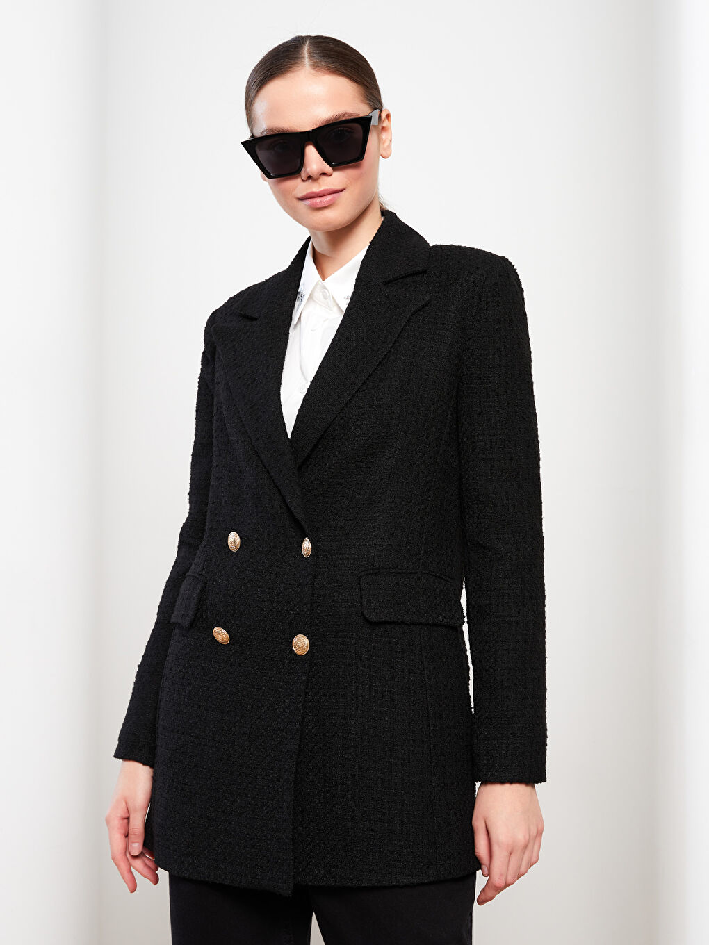 Siyah Düz Uzun Kollu Kadın Tüvit Blazer Ceket