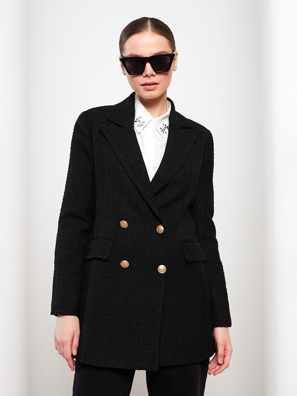 Siyah Düz Uzun Kollu Kadın Tüvit Blazer Ceket-1