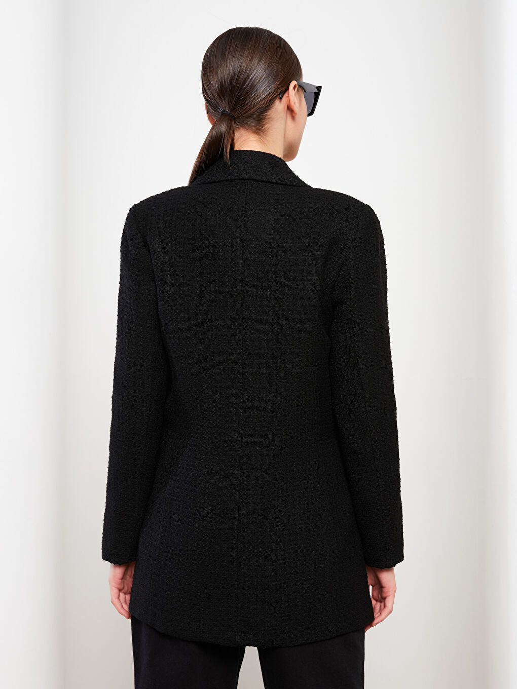Siyah Düz Uzun Kollu Kadın Tüvit Blazer Ceket-4