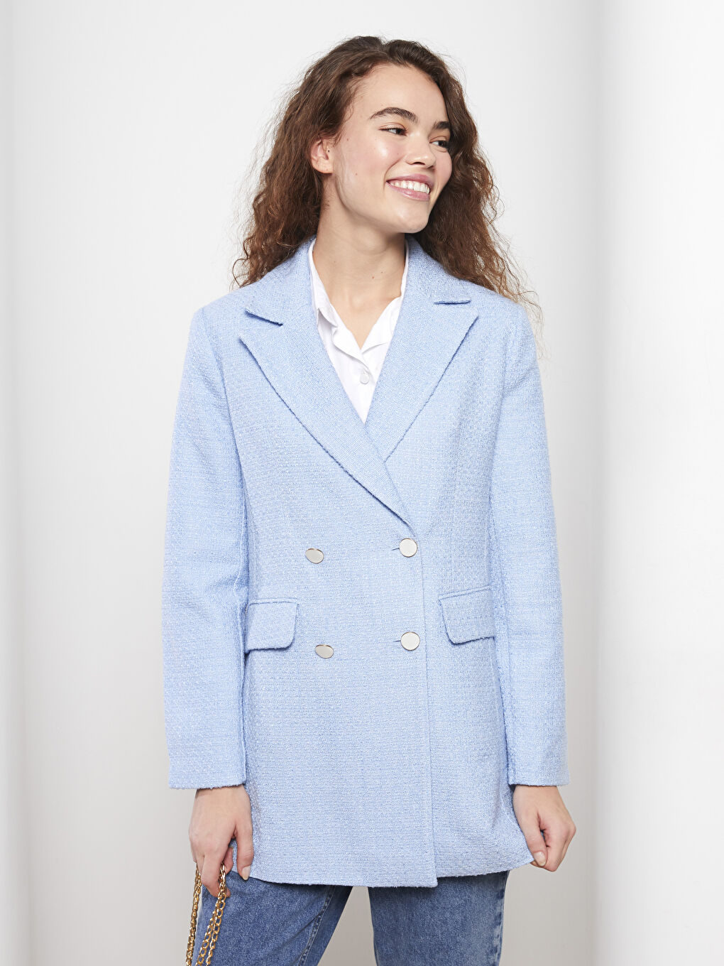 Mavi Düz Uzun Kollu Kadın Tüvit Blazer Ceket