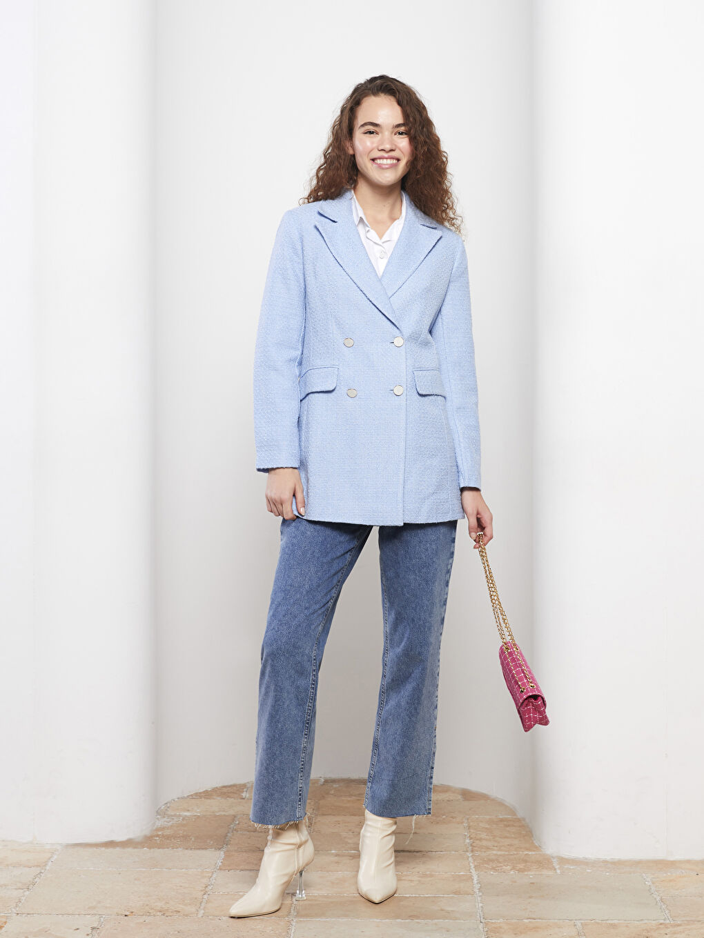 Mavi Düz Uzun Kollu Kadın Tüvit Blazer Ceket-1