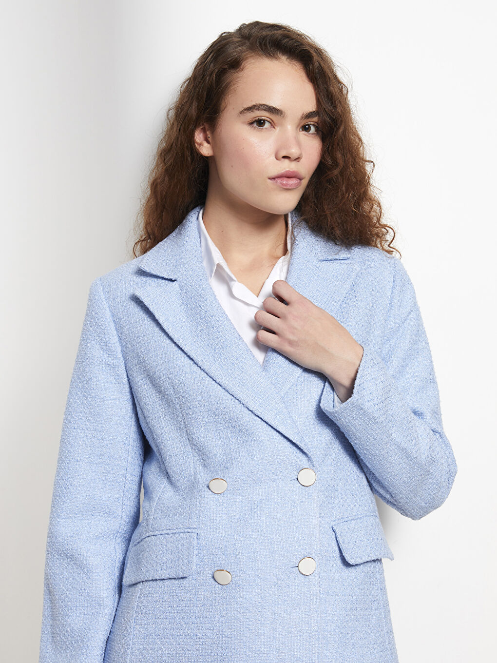 Mavi Düz Uzun Kollu Kadın Tüvit Blazer Ceket-2