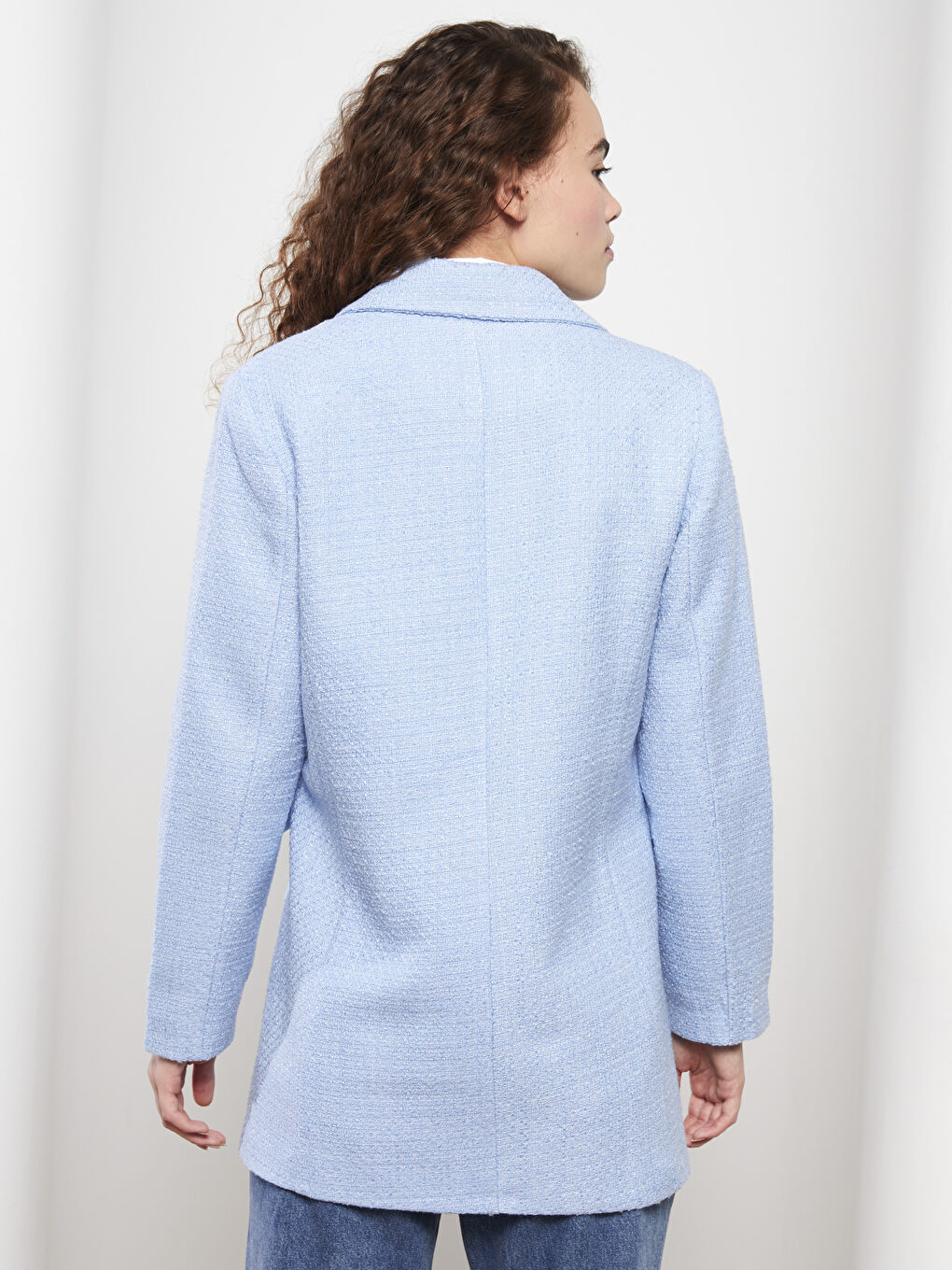 Mavi Düz Uzun Kollu Kadın Tüvit Blazer Ceket-4